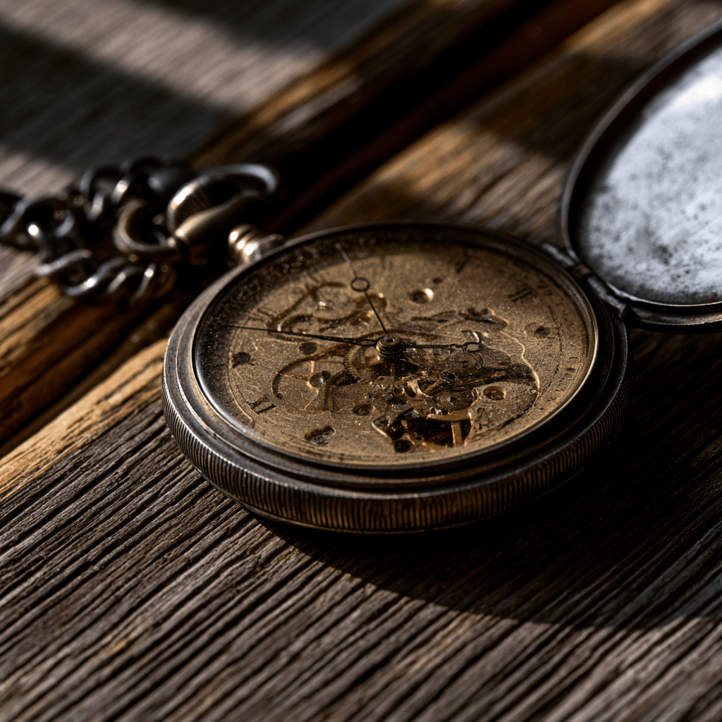 DALL-E 3 macro close-up photograph of an intricate antique pocket watch on weathered dark wood with visible gears and warm lighting