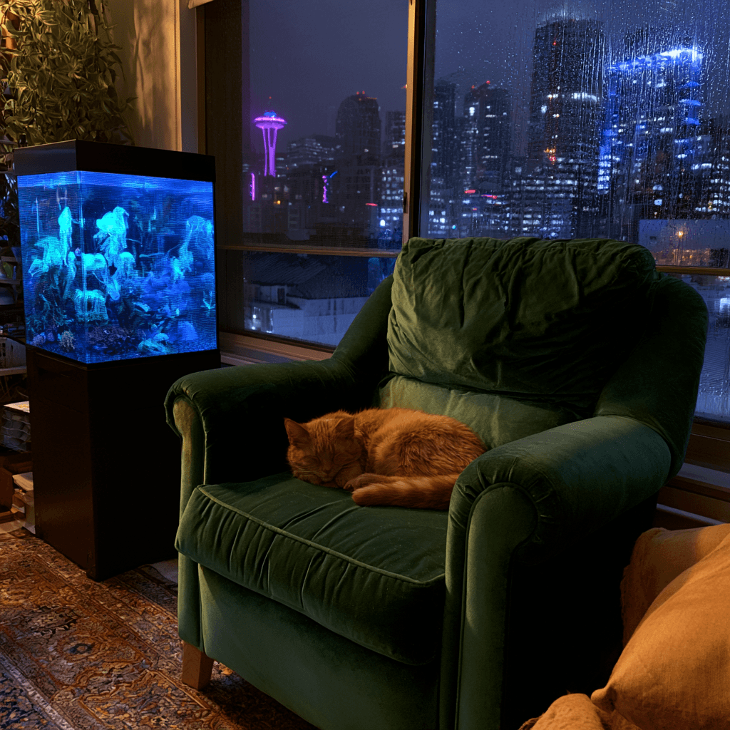 DALL-E 3 image of a futuristic cozy living room with a holographic jellyfish tank, a sleeping orange tabby cat, and a rainy cyberpunk skyline