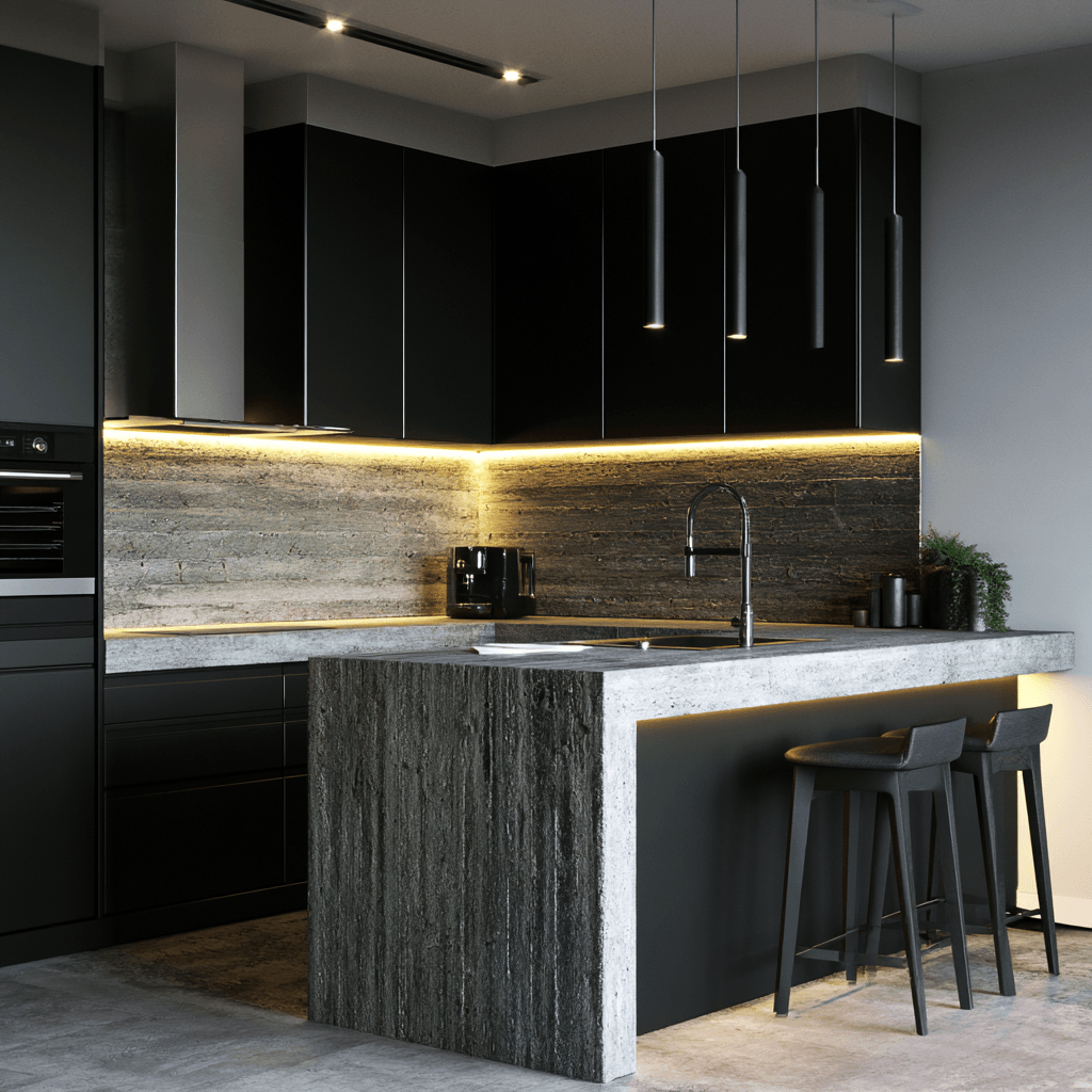 DALL-E 3 editorial interior design photo of a modern minimalist kitchen with matte black cabinets, raw concrete countertops, a waterfall island, and warm LED lighting