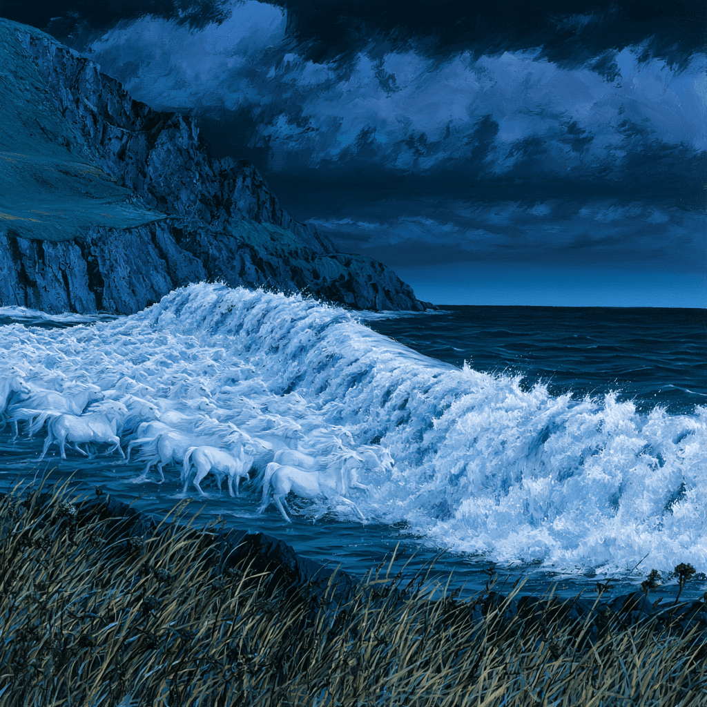 DALL-E 3 surrealist oil painting of an ocean wave morphing into a herd of galloping white horses breaking against a rocky coast under a stormy sky