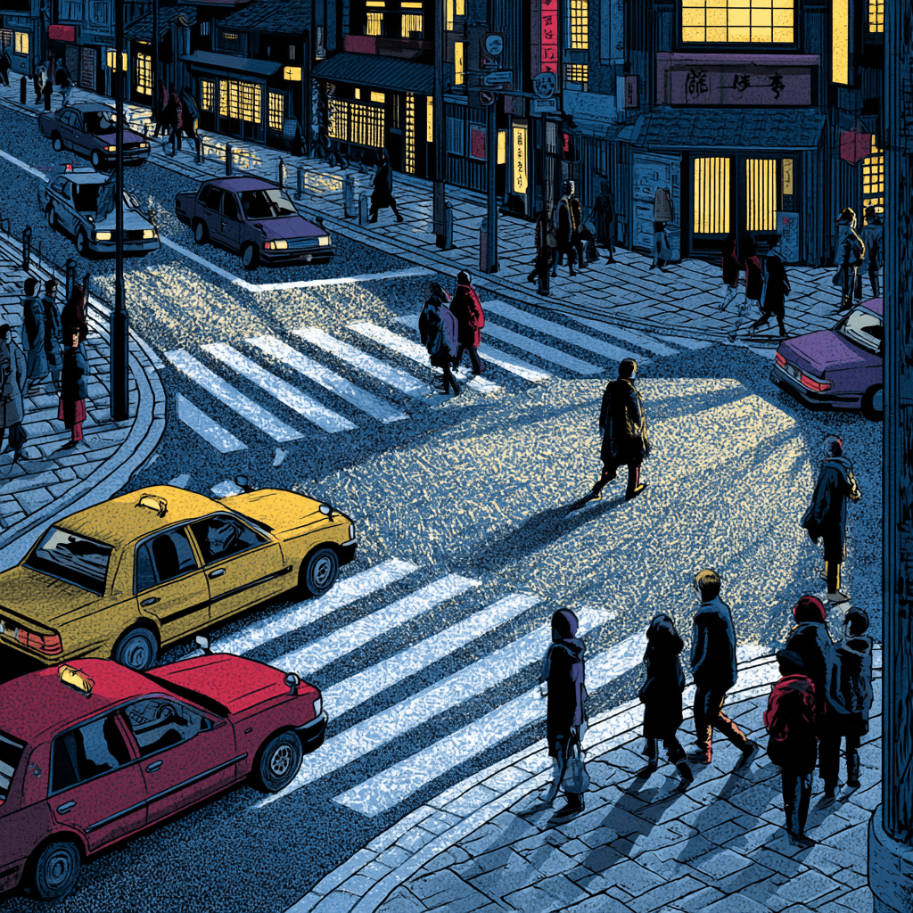 DALL-E 3 vibrant digital illustration of a bustling Tokyo intersection at night blending Japanese Ukiyo-e woodblock style with neon synthwave aesthetics