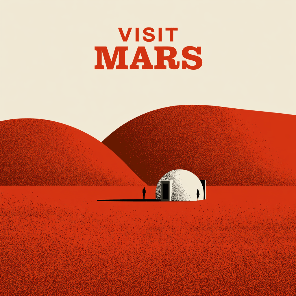 DALL-E 3 minimalist vintage travel poster for Mars with red sand dunes, a dome colony, and bold retro-futuristic 'VISIT MARS' text