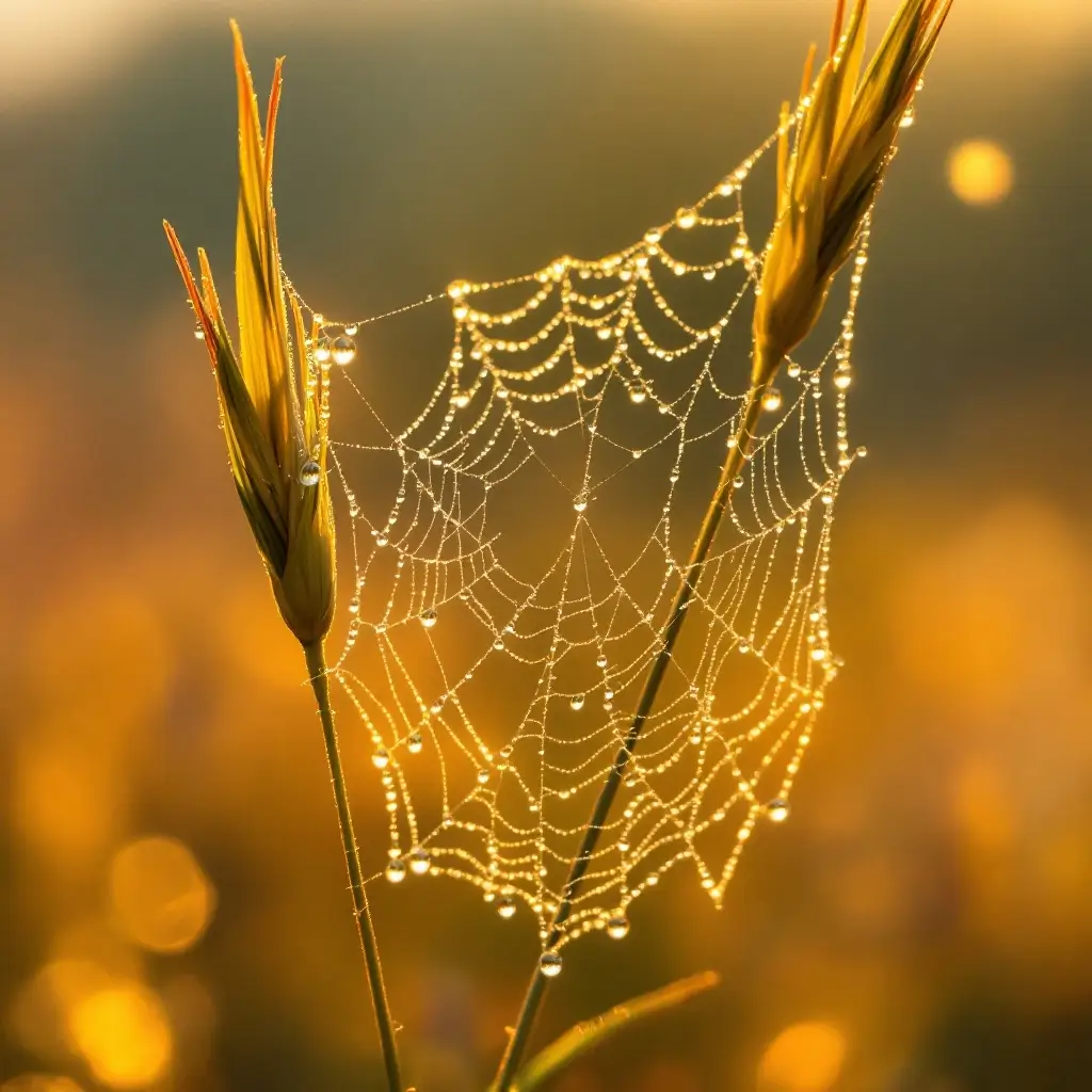 Flux 1.1 Pro ultra-detailed 4MP macro shot of a dew-covered spiderweb glistening at sunrise