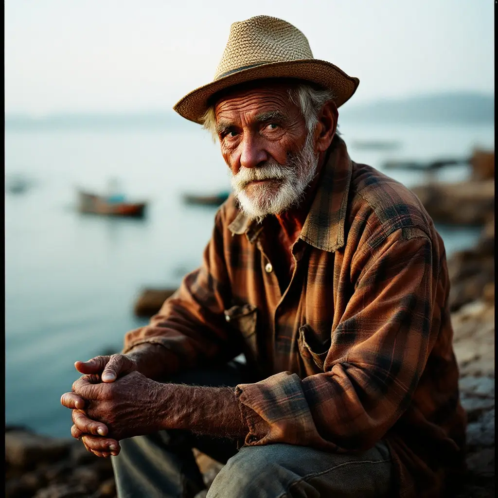Flux 1.1 Pro candid 35mm film portrait of a weathered elderly fisherman at dawn in soft natural light