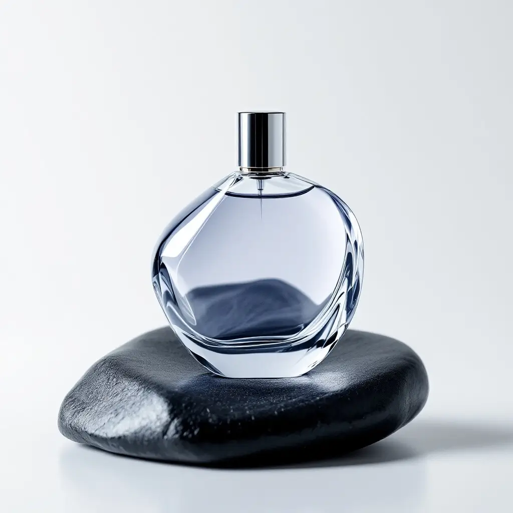 Flux 1.1 Pro studio product photo of a glass perfume bottle on polished black stone with soft reflections on a clean white background