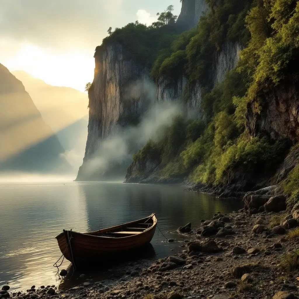Flux 1.1 Pro landscape of a misty Norwegian fjord at golden hour with dramatic cliffs and a small wooden boat near the shore