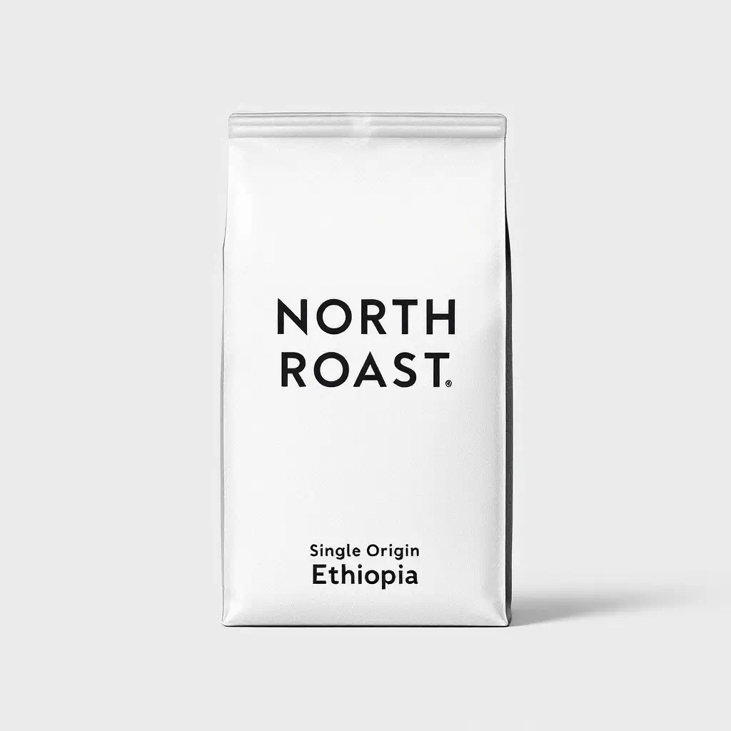 Flux 1.1 Pro minimalist coffee bag label reading 'NORTH ROAST' with 'Single Origin Ethiopia' beneath it