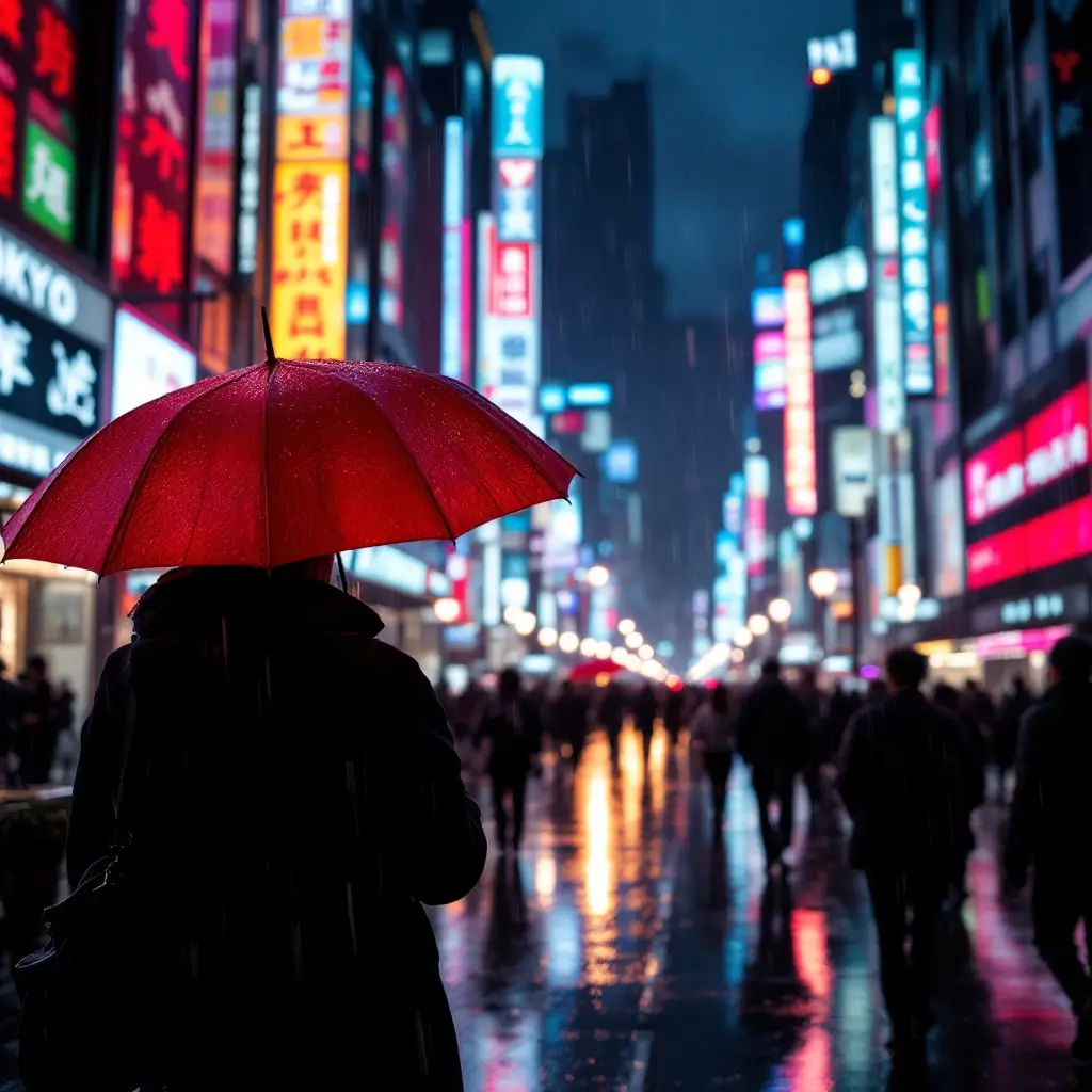 Flux 1.1 Pro photo of a busy Tokyo street at night with neon signs, a red umbrella in the foreground, and rain reflecting the lights