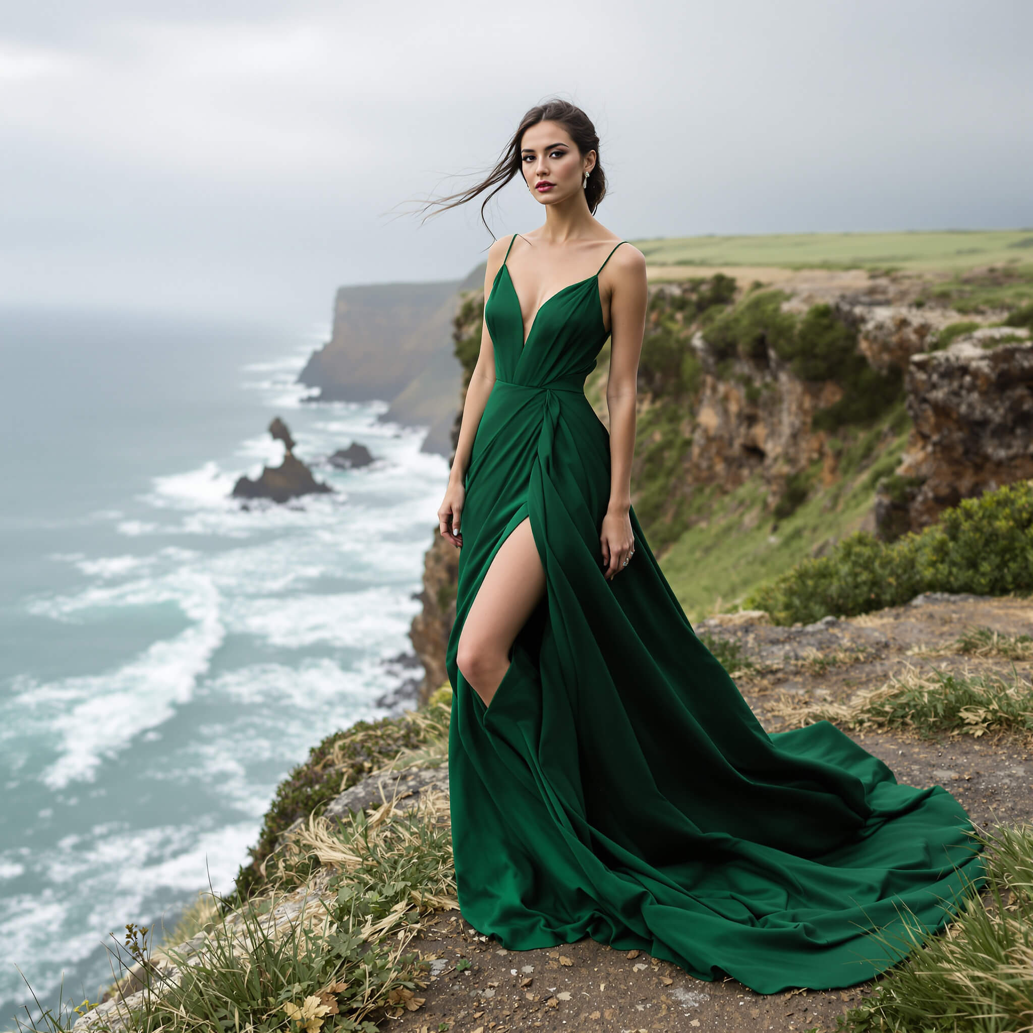 Flux 1.1 Pro Ultra fashion editorial of a model in a flowing emerald gown on a windswept cliff under overcast light