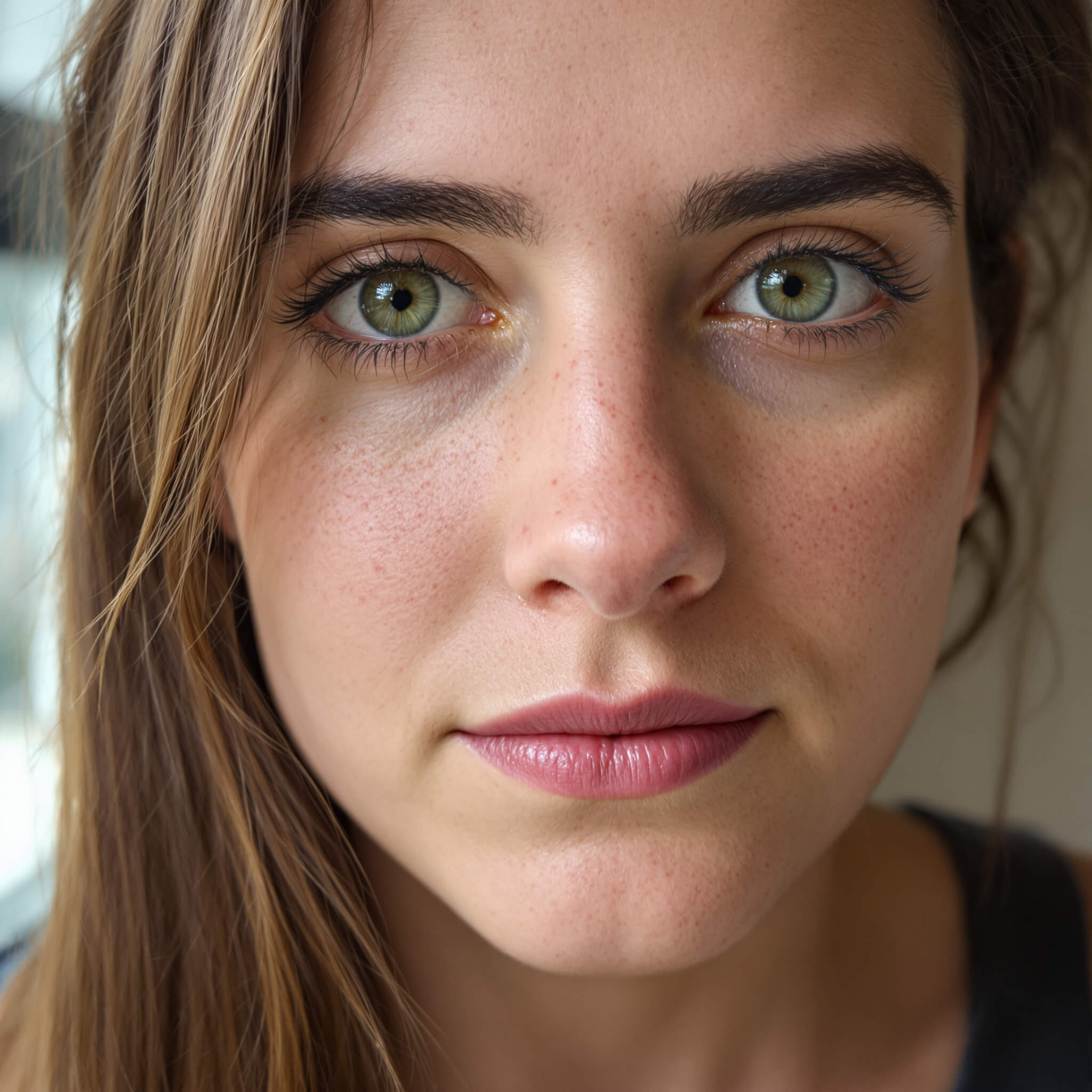Flux 1.1 Pro Ultra high-resolution candid close-up of a freckled woman with green eyes in soft window light showing natural skin texture