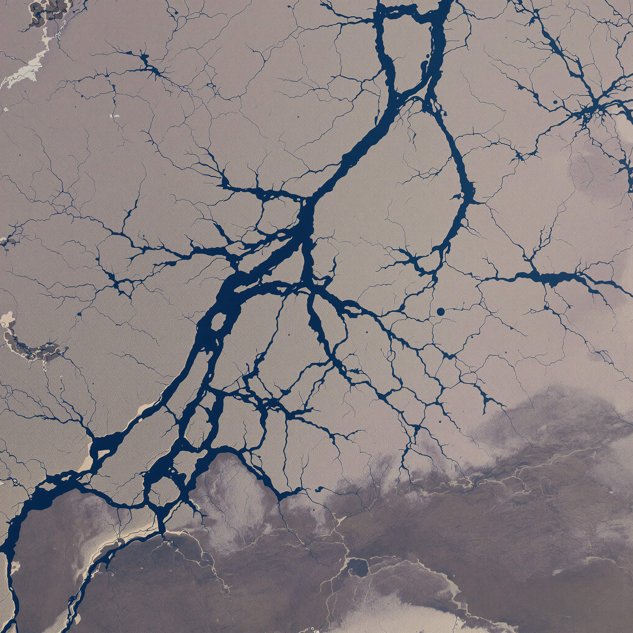 Flux 1.1 Pro Ultra satellite-like aerial view of an Icelandic river delta with braided channels in muted earth tones