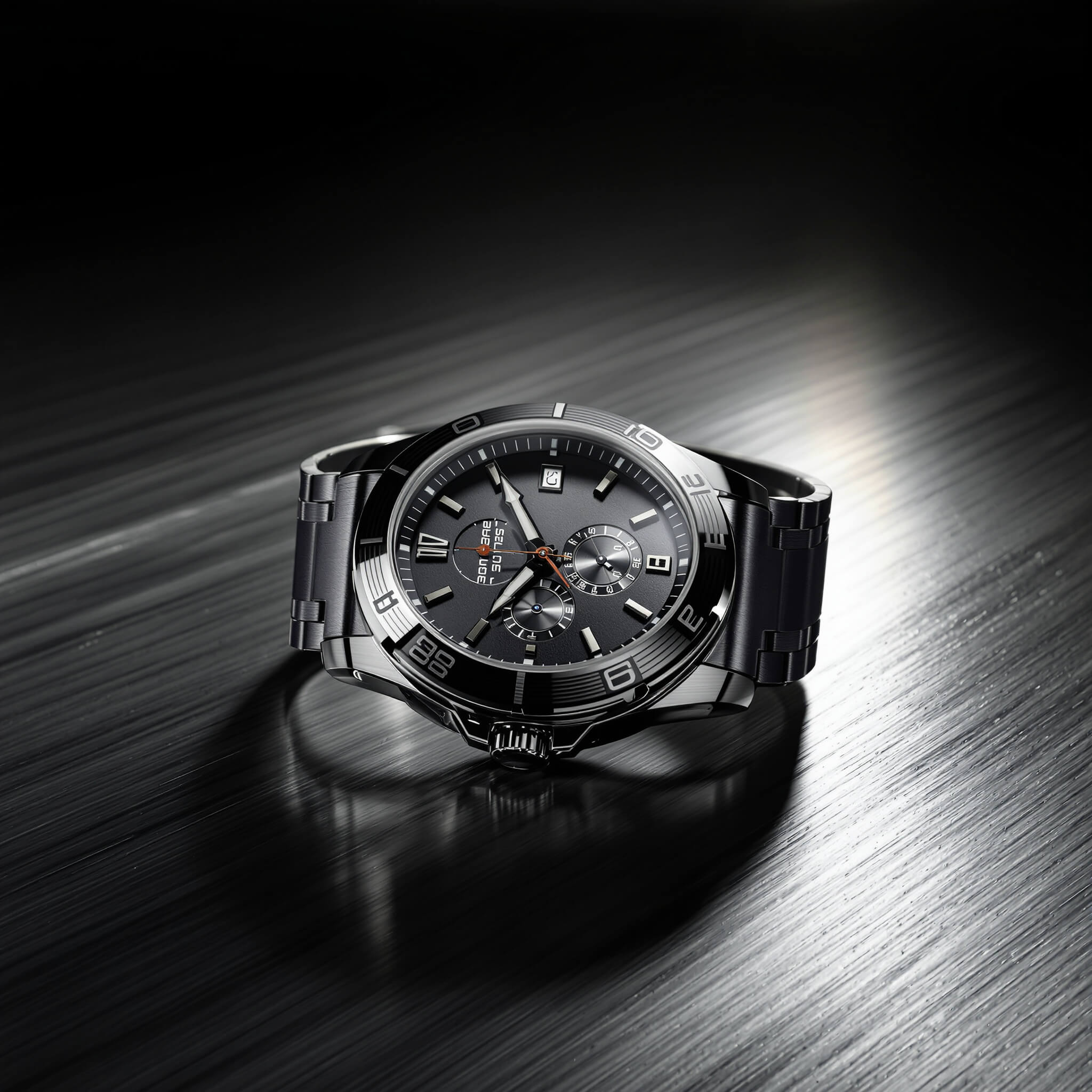 Flux 1.1 Pro Ultra ultra-sharp campaign product shot of a luxury wristwatch on brushed steel with dramatic side lighting