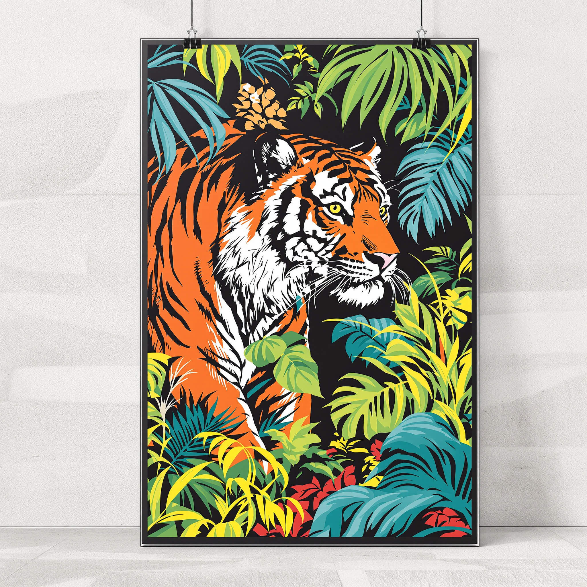 Flux 1.1 Pro Ultra bold large-format gallery poster of a vivid tiger emerging from jungle foliage
