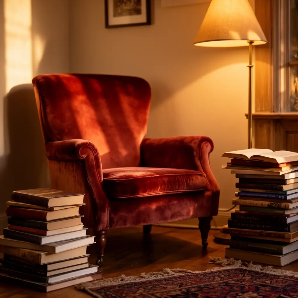 Flux 2 Dev cozy reading nook with a velvet armchair, a stack of books, and a warm lamp in late afternoon light