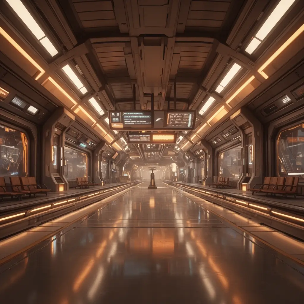 Flux 2 Dev 3D concept art frame of a futuristic train station interior with warm lighting and detailed reflections