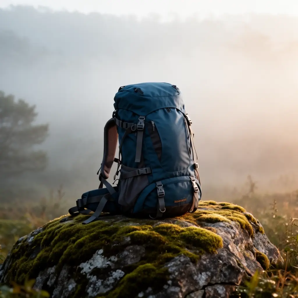 Flux 2 Dev photorealistic hero banner of a hiking backpack on a mossy rock in morning mist with soft natural light