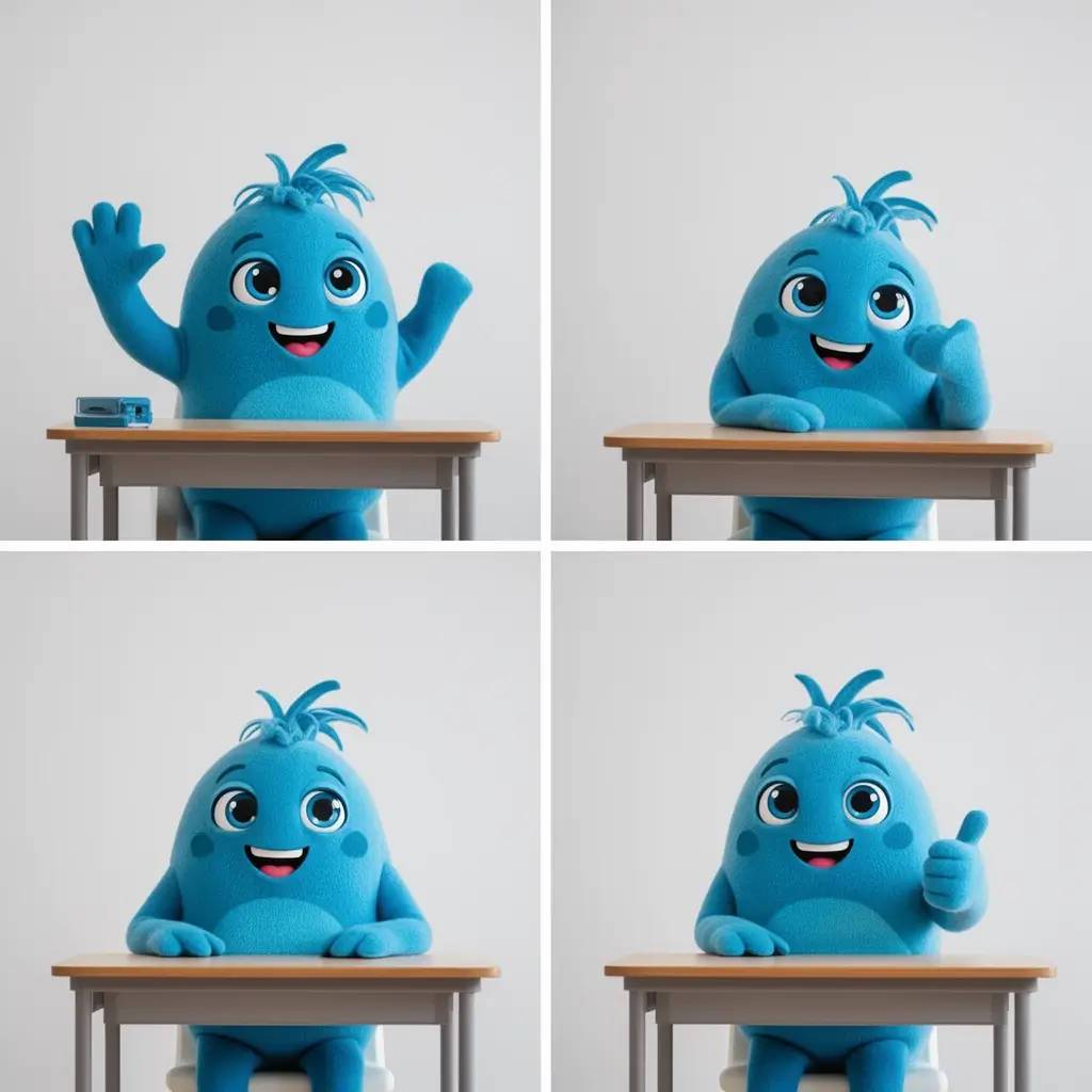 Flux 2 Dev consistent mascot shown waving, sitting at a desk, and giving a thumbs up in a unified style