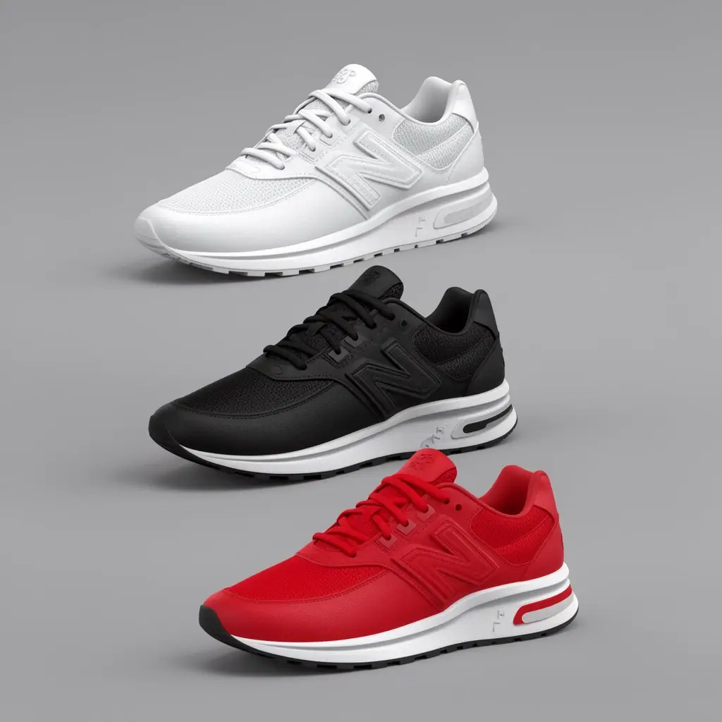 Flux 2 Dev three product renders of the same sneaker in white, black, and red with a consistent angle and lighting