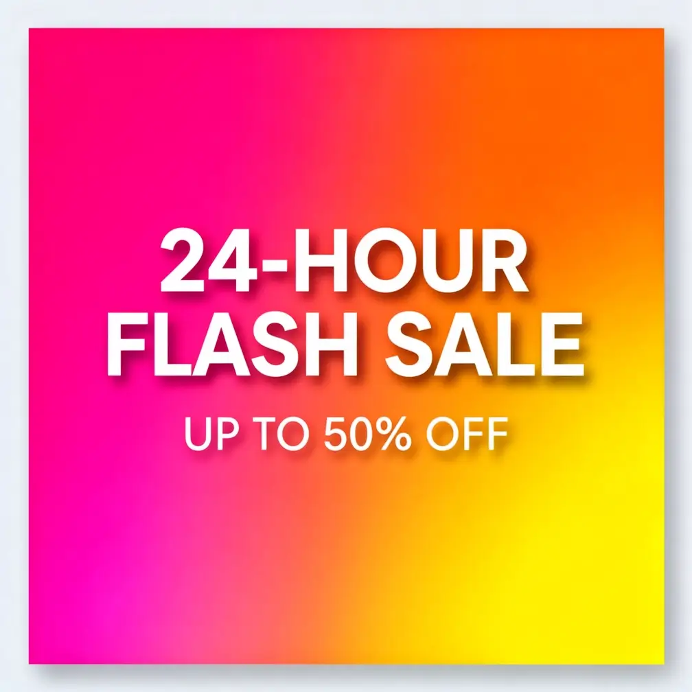 Flux 2 Flex square social promo reading '24-HOUR FLASH SALE, UP TO 50% OFF' with clean type on a bright gradient
