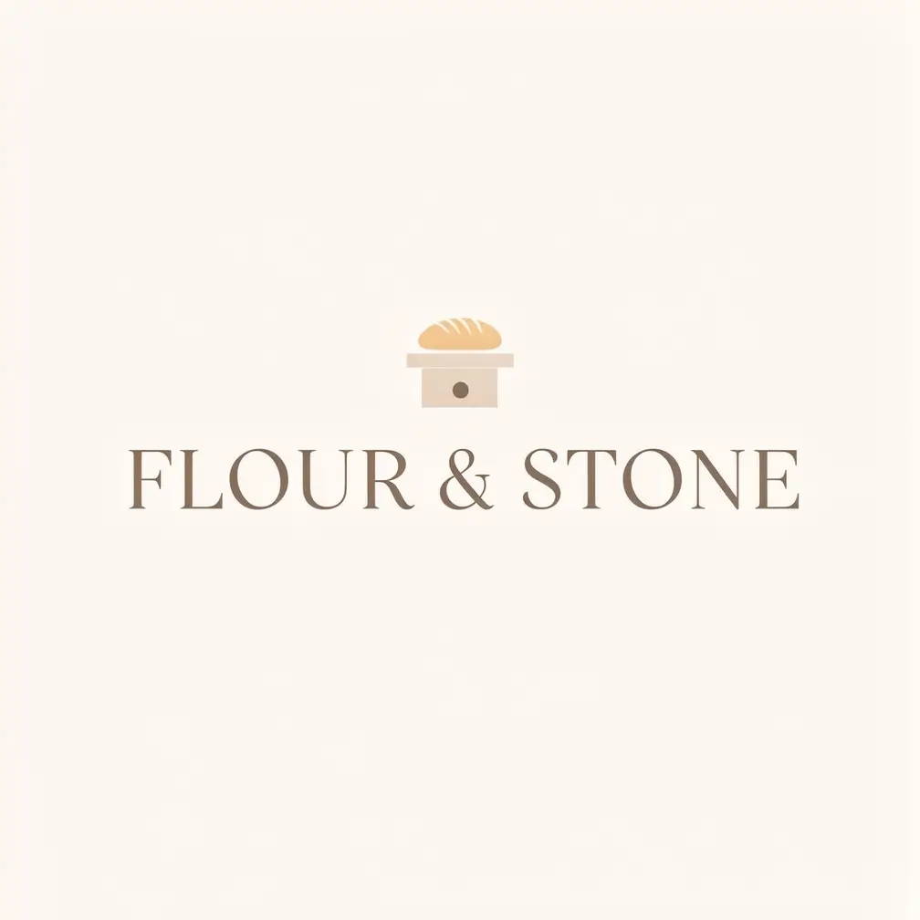 Flux 2 Flex minimalist bakery logo for 'FLOUR & STONE' with clean serif lettering in a warm neutral palette