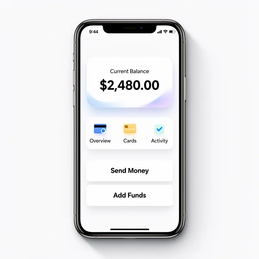Flux 2 Flex mobile app dashboard mockup with a balance card reading '$2,480.00', three menu tabs, and legible button labels