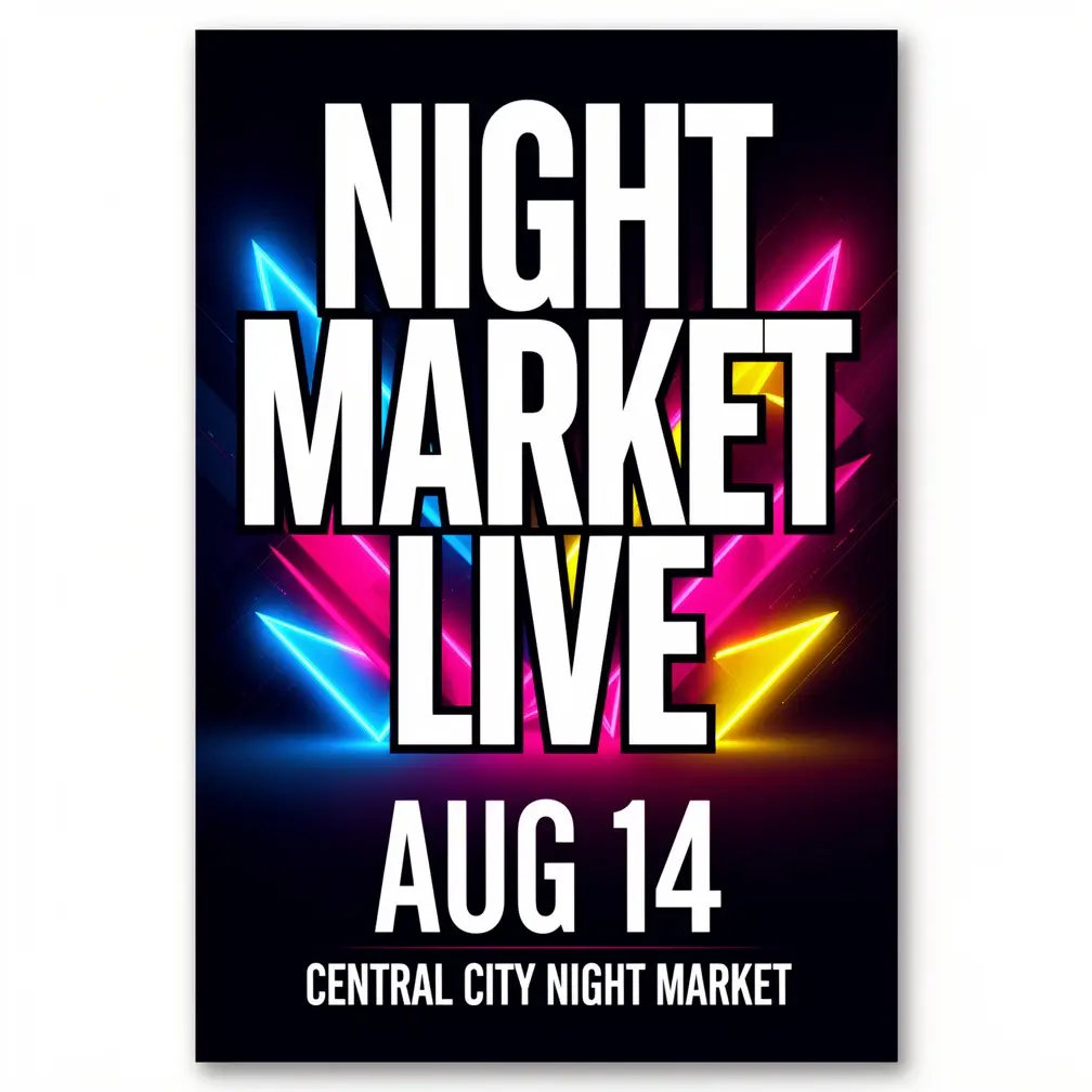 Flux 2 Flex concert poster reading 'NIGHT MARKET LIVE' with the date 'AUG 14' and venue in a bold typographic layout