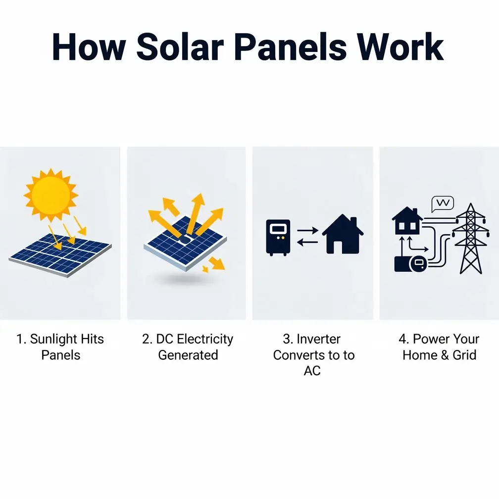 Flux 2 Flex clean infographic titled 'How Solar Panels Work' with four labeled steps in a flat modern style