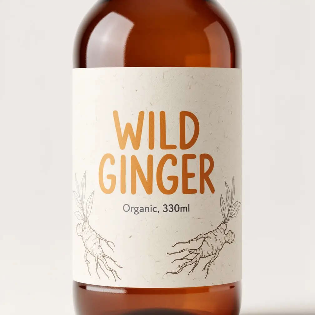 Flux 2 Flex kombucha bottle label mockup reading 'WILD GINGER' with 'Organic, 330ml' beneath in crisp small text