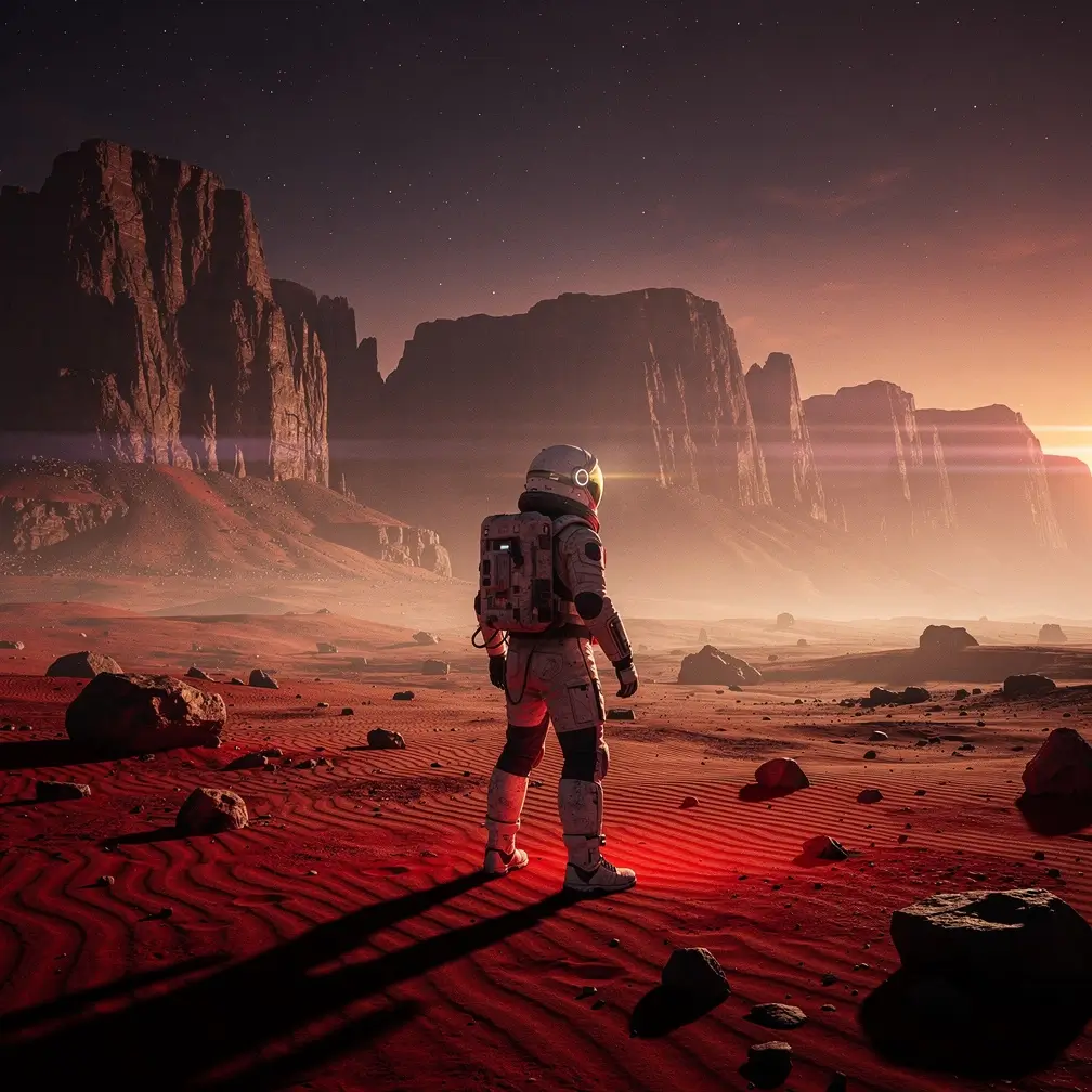Flux 2 Max cinematic widescreen keyframe of a lone astronaut on a red desert planet at dusk with dramatic rim lighting and film grain