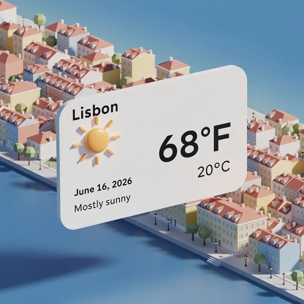 Flux 2 Max grounded generation: an isometric 3D weather card for Lisbon with a sun icon, date, and current temperature over a miniature city