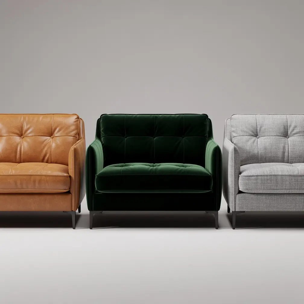 Flux 2 Max product retexturing showing the same sofa in tan leather, dark green velvet, and light grey linen with identical shape and lighting