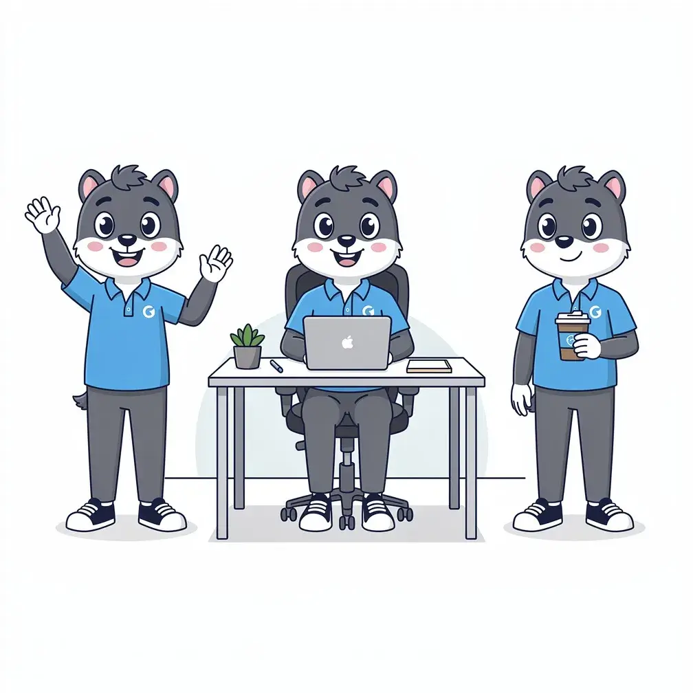 Flux 2 Pro brand-consistent set of the same mascot character waving, working at a desk, and holding a coffee cup in a unified style