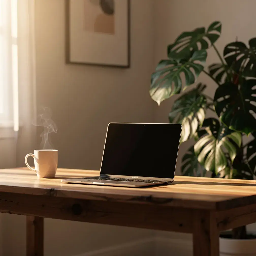 Flux 2 Pro cozy home office with a wooden desk, laptop, a steaming mug on the left, and a potted monstera on the right in warm afternoon light
