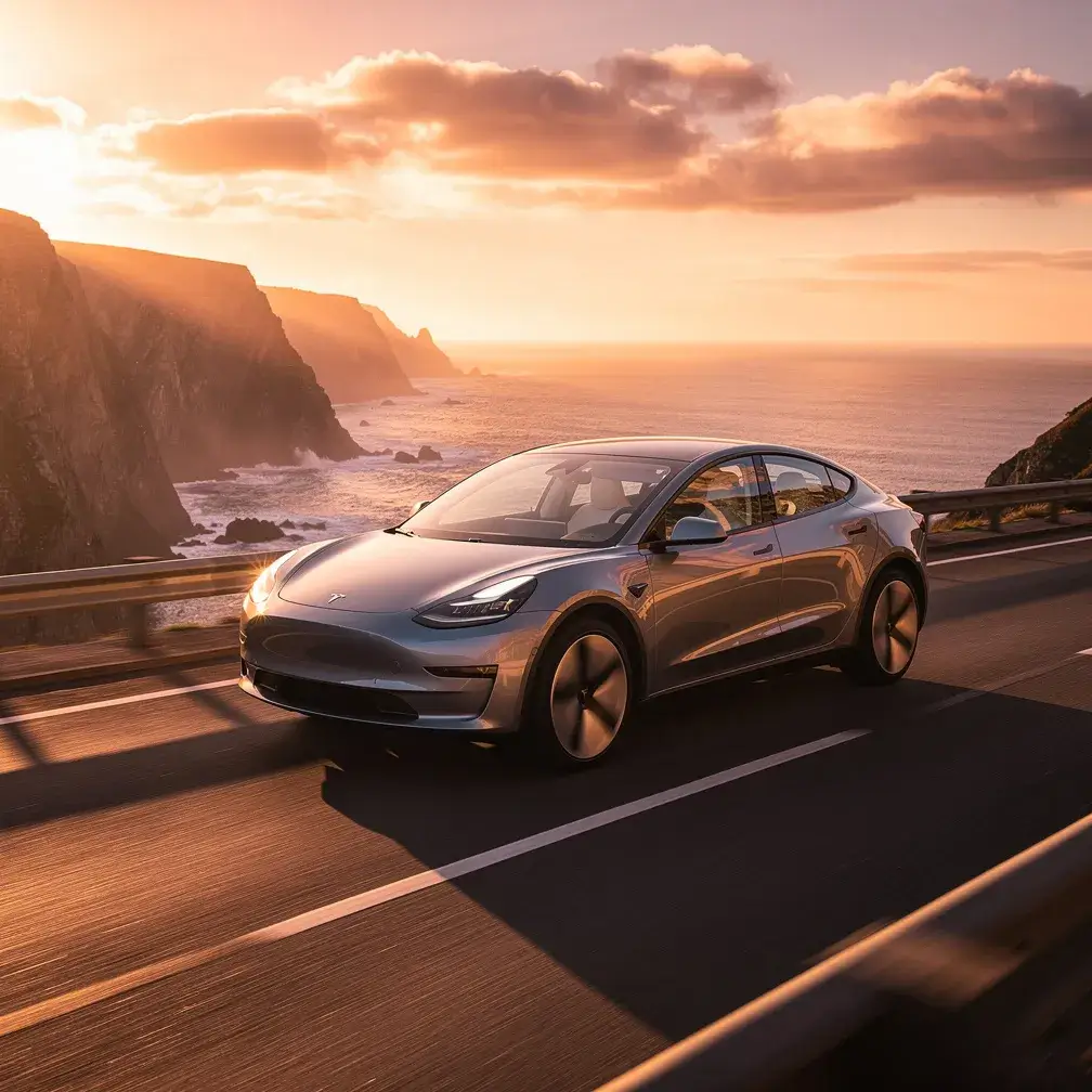 Flux 2 Pro photorealistic electric SUV on a coastal highway at golden hour with cinematic lighting and sharp reflections