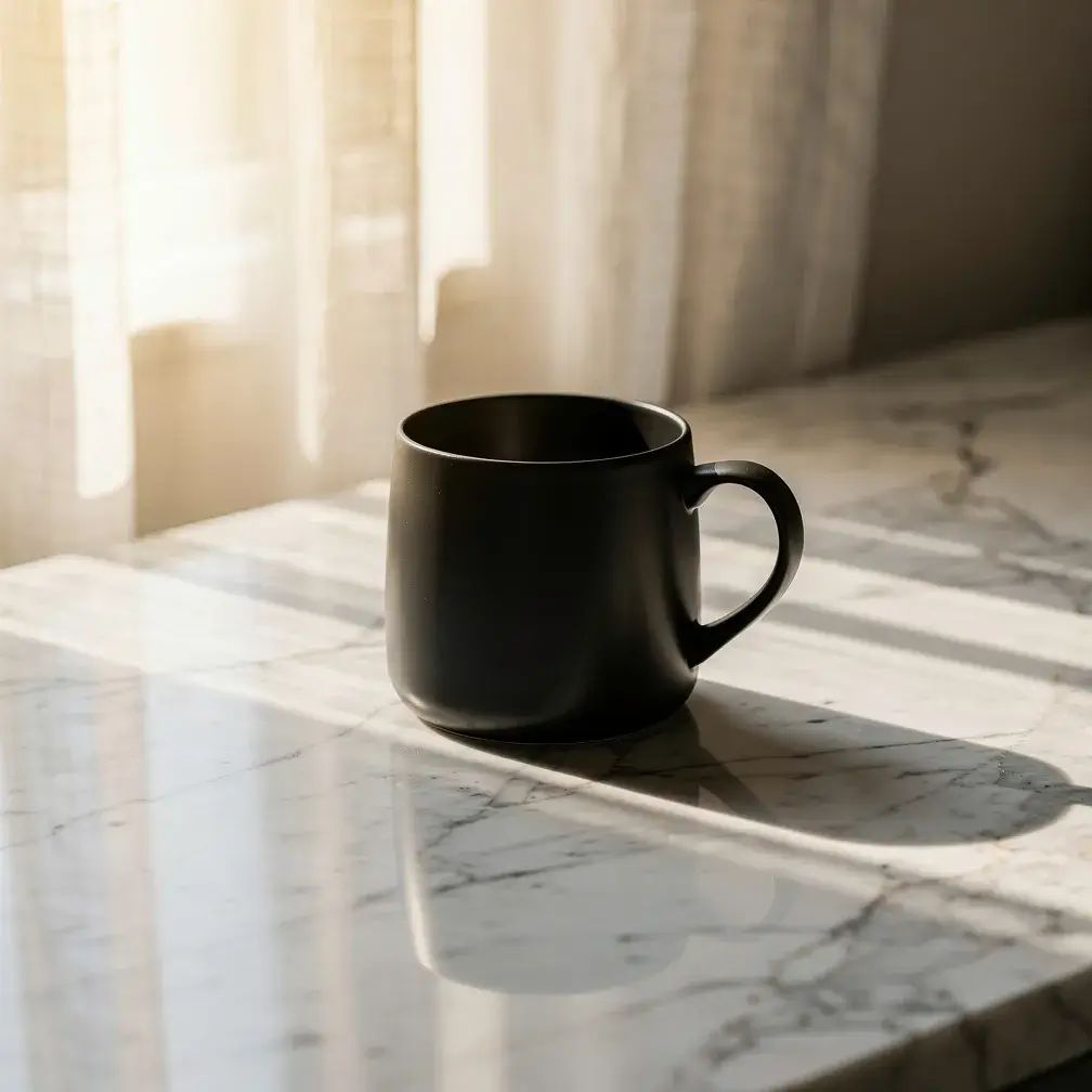 Flux 2 Pro editorial product photo of a matte black ceramic mug on sunlit marble with morning light through linen curtains