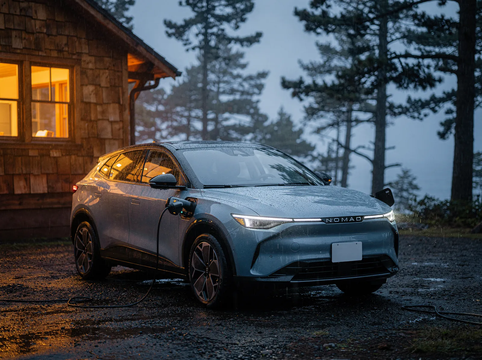 Flux 2 Pro lifestyle still of a NOMAD electric crossover charging at a cedar cabin at dusk