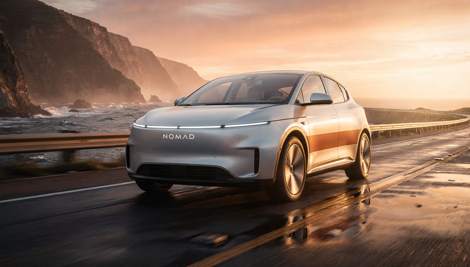Flux 2 Pro photoreal NOMAD electric crossover on a coastal highway at golden hour, rust accent stripe, wet asphalt