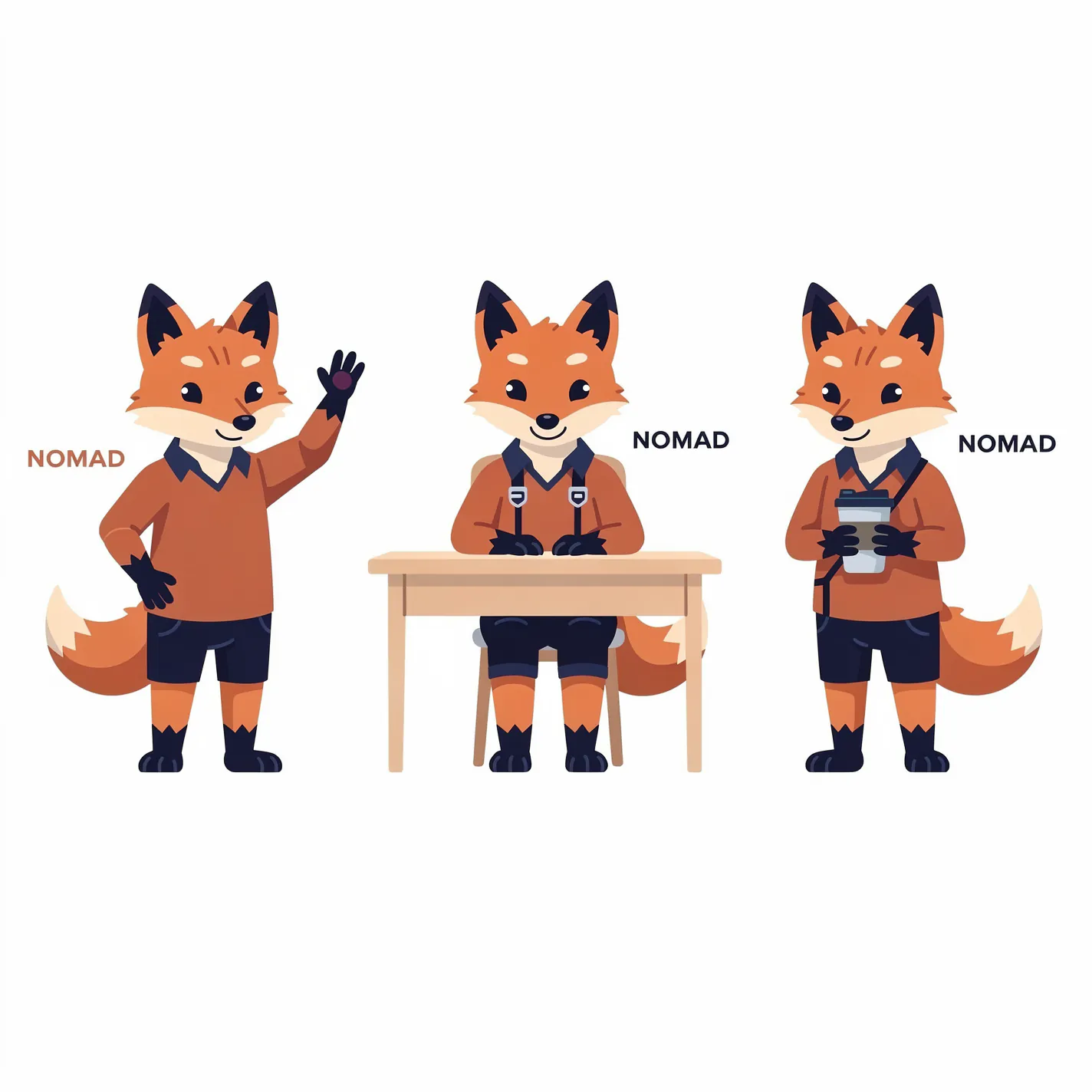 Flux 2 Pro brand-consistent NOMAD fox mascot in three poses: waving, sitting at a desk, holding a travel mug