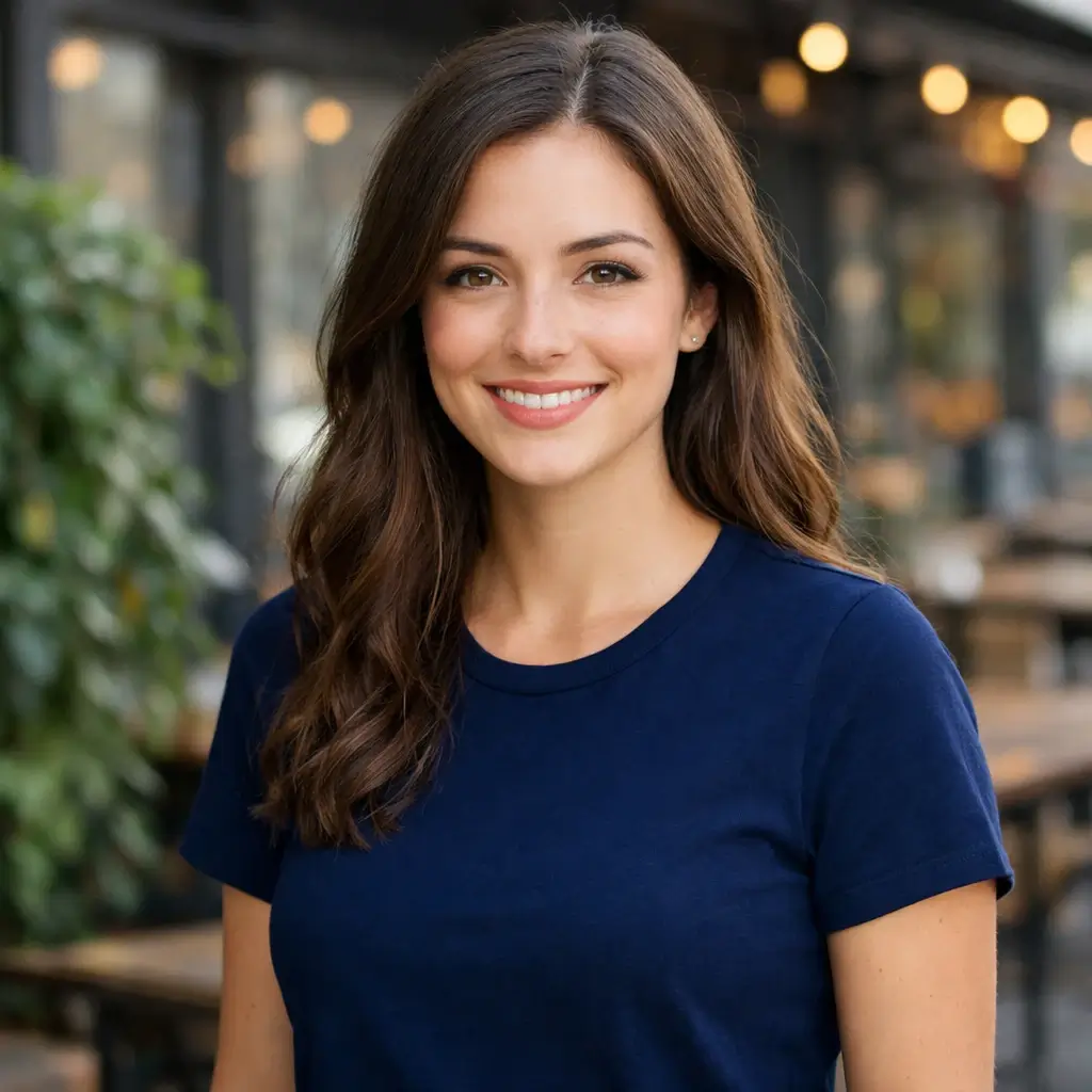 GPT Image 1.5 targeted edit changing a model's shirt from white to navy while keeping her face, hair, and background unchanged
