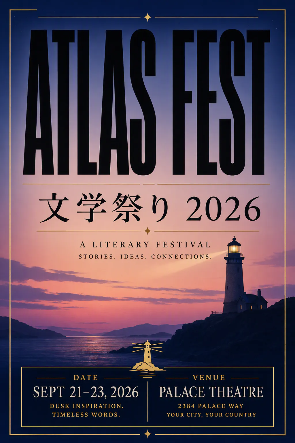 GPT Image 2 bilingual ATLAS FEST 2026 poster with English and Japanese type, gold rules, and a lighthouse
