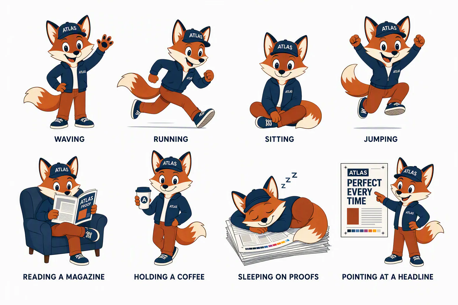 GPT Image 2 character sheet of the ATLAS fox mascot in eight consistent poses