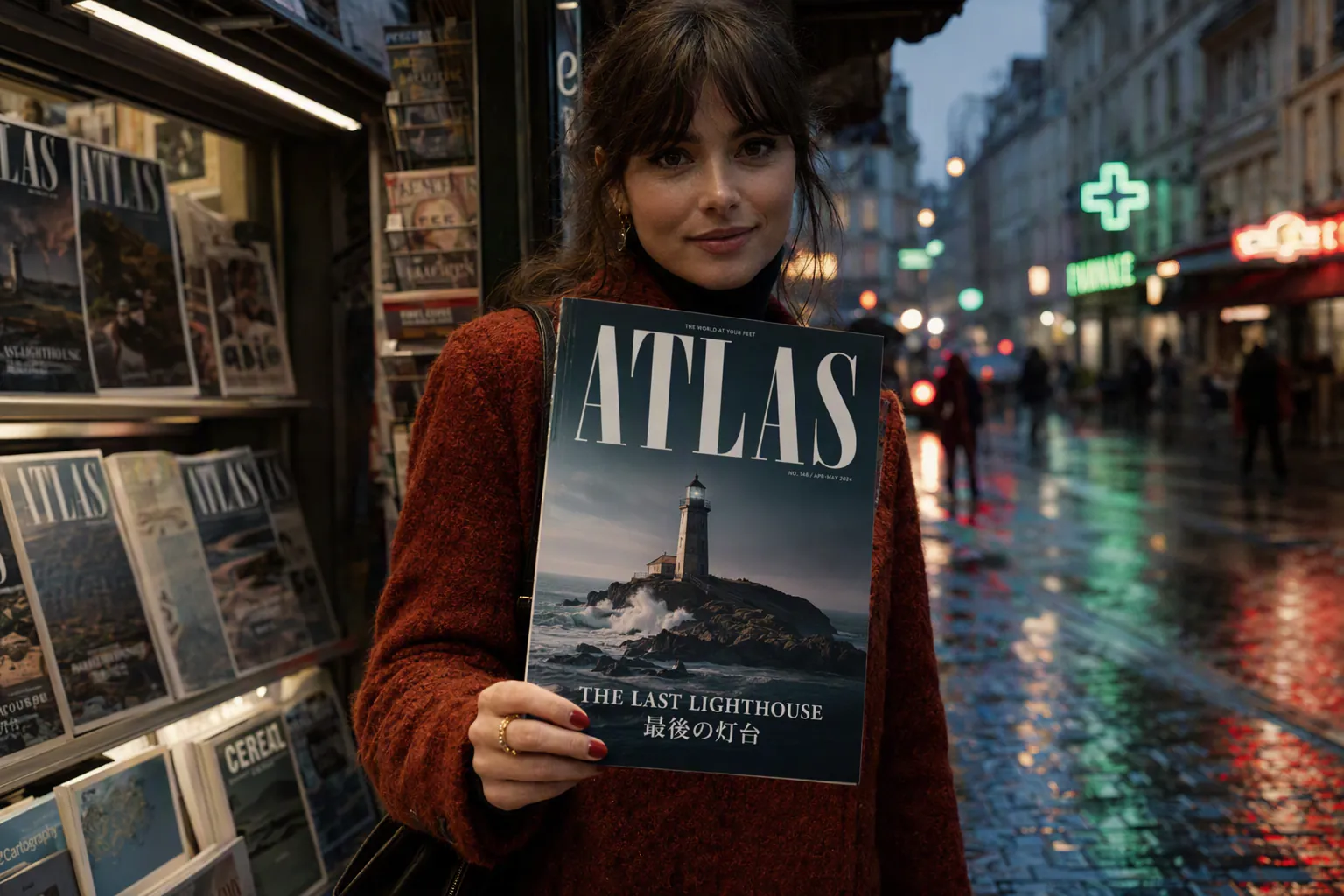AI-generated ATLAS magazine cover on a rainy European newsstand