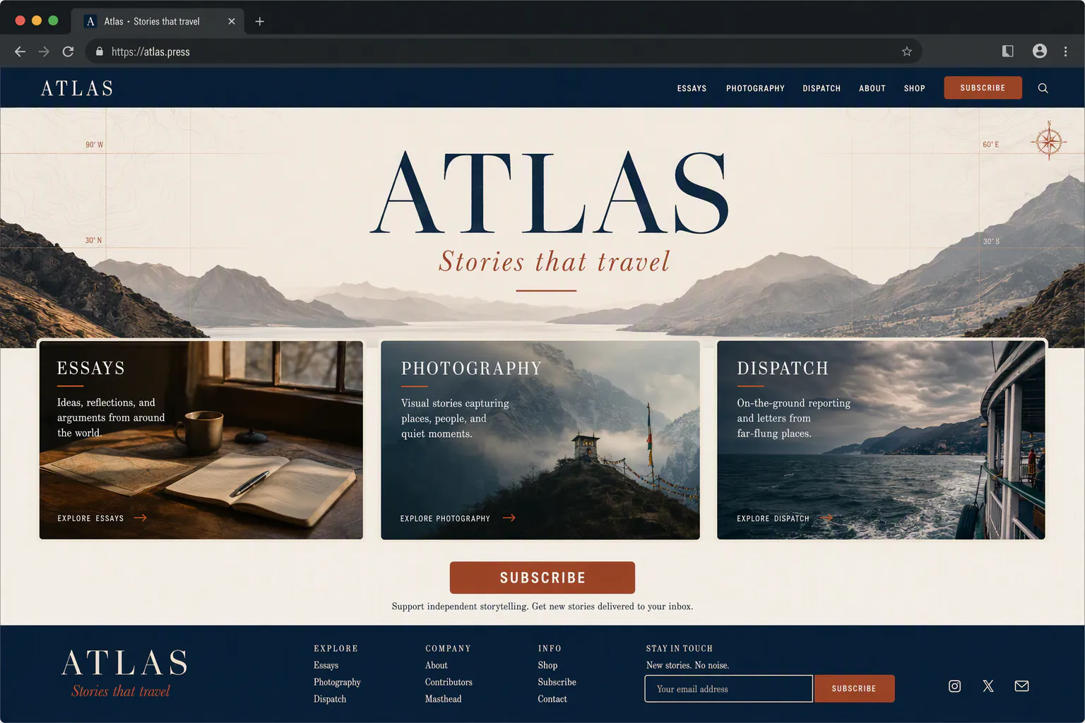 GPT Image 2 desktop landing-page mockup for atlas.press with Essays, Photography, and Dispatch cards