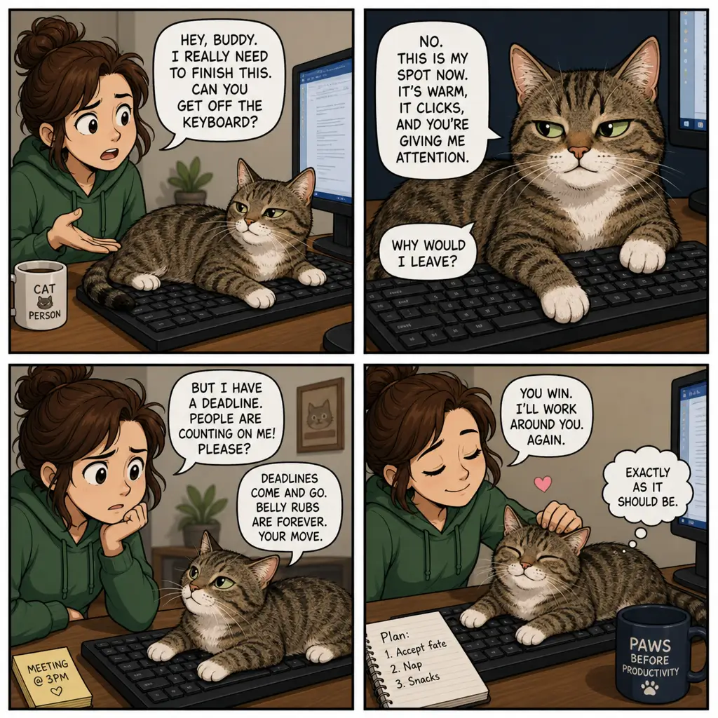GPT Image 2 four-panel comic strip with readable dialogue about a cat who refuses to get off a keyboard
