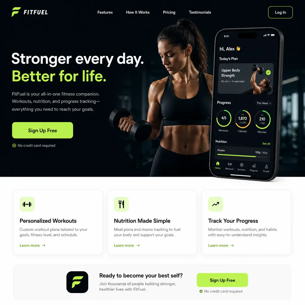 GPT Image 2 landing page mockup for a fitness app with a hero header, three feature cards, and a sign-up button