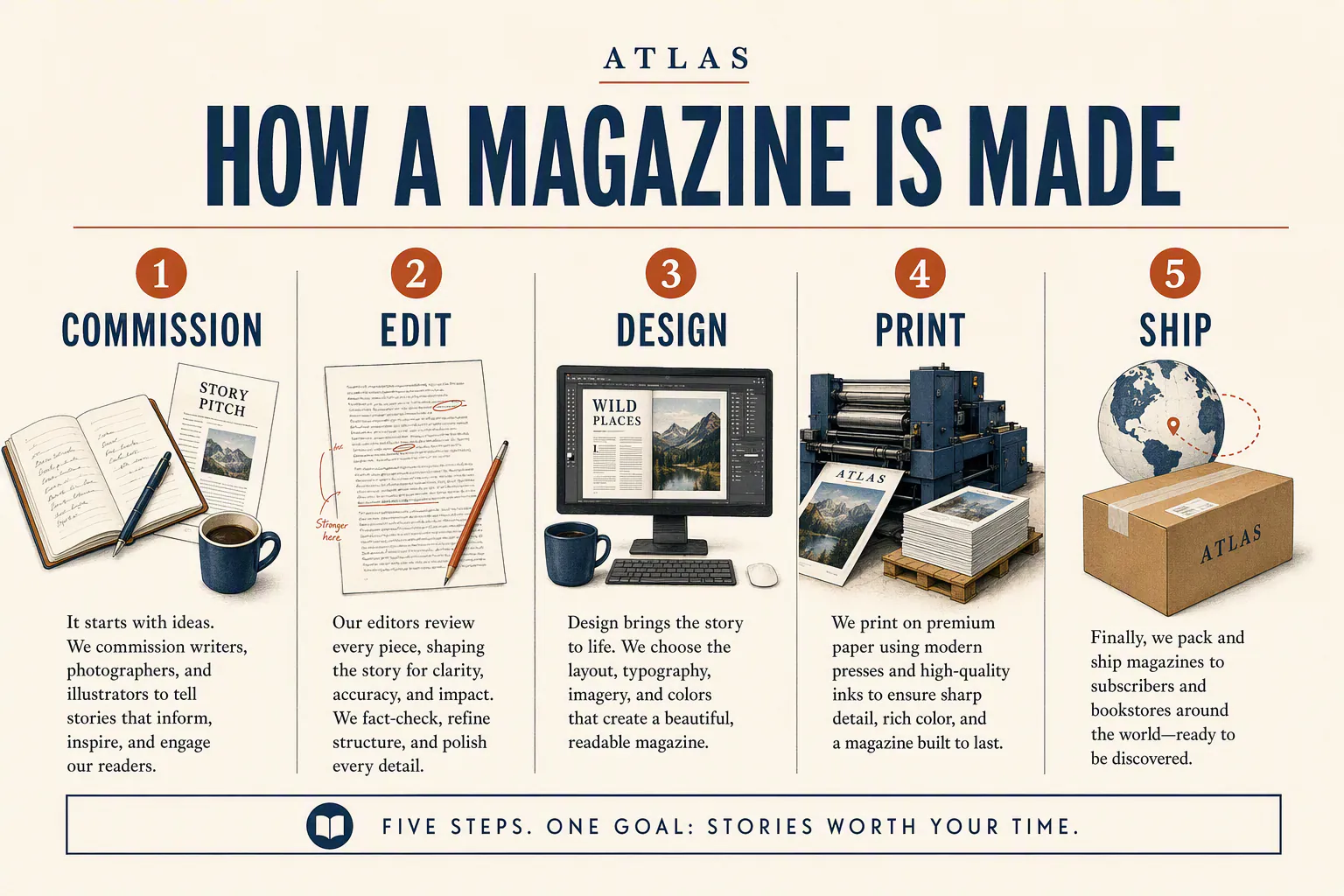 GPT Image 2 infographic titled How a Magazine Is Made, five labeled production stages