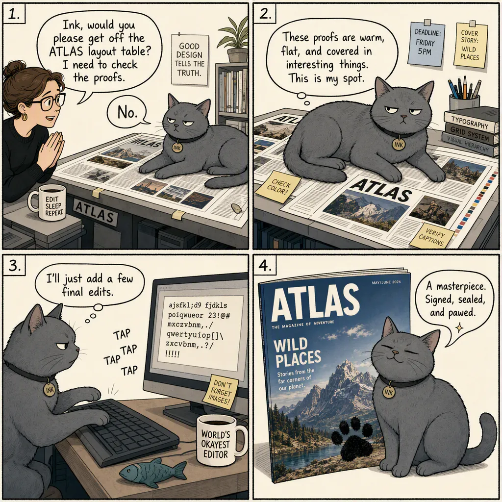GPT Image 2 four-panel comic of Ink the office cat taking over the ATLAS layout table