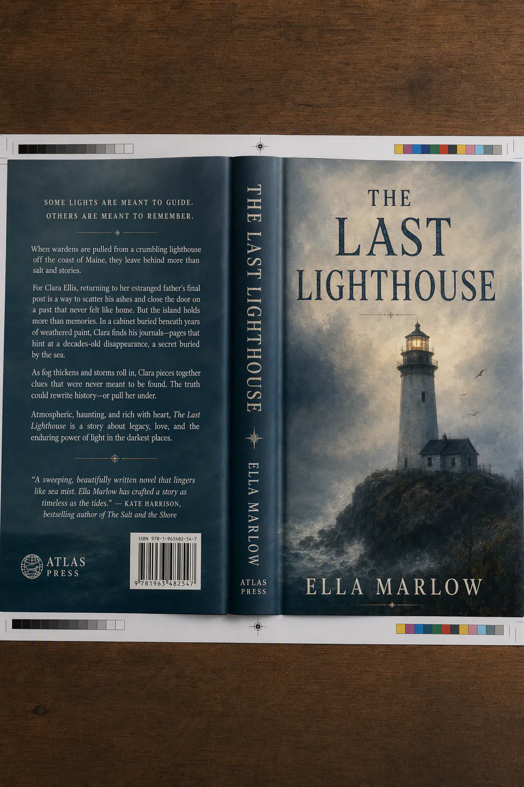 GPT Image 2 print-ready dust jacket for The Last Lighthouse by Ella Marlow, published by ATLAS PRESS