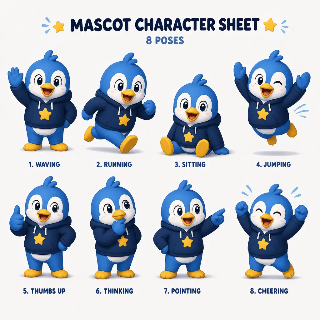 GPT Image 2 character sheet of the same mascot in eight consistent poses including waving, running, sitting, and jumping