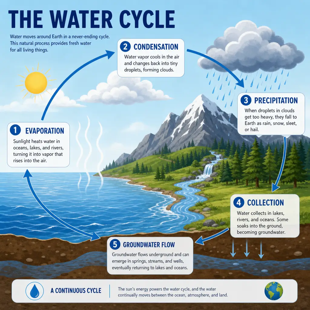 GPT Image 2 infographic explaining the water cycle with labeled stages and small caption text